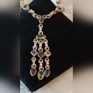 Vintage Multi gemstone Sterling Silver Chandelier Necklace